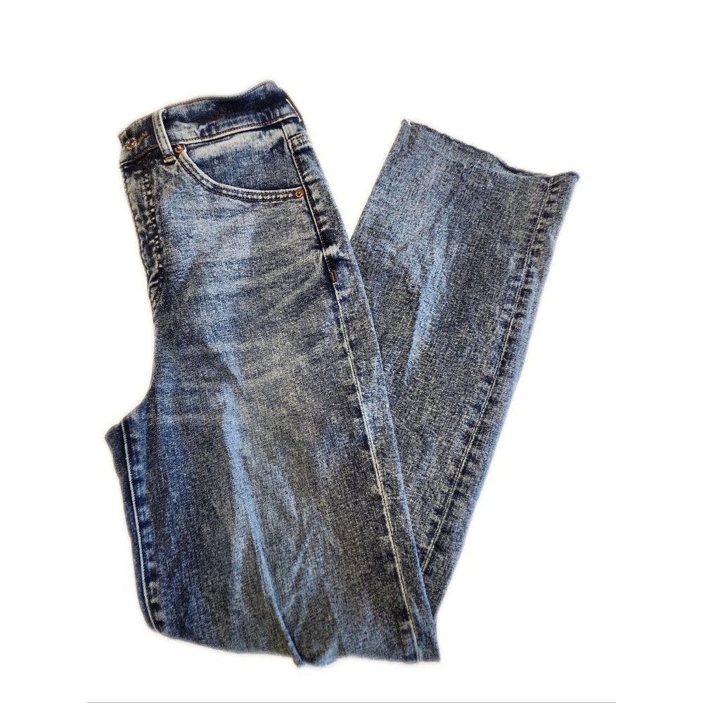 Express Super High Rise Modern Straight Dark Acid Wash Distressed Denim Jeans, 2